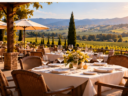 Winery building with outdoor seating and wine barrels