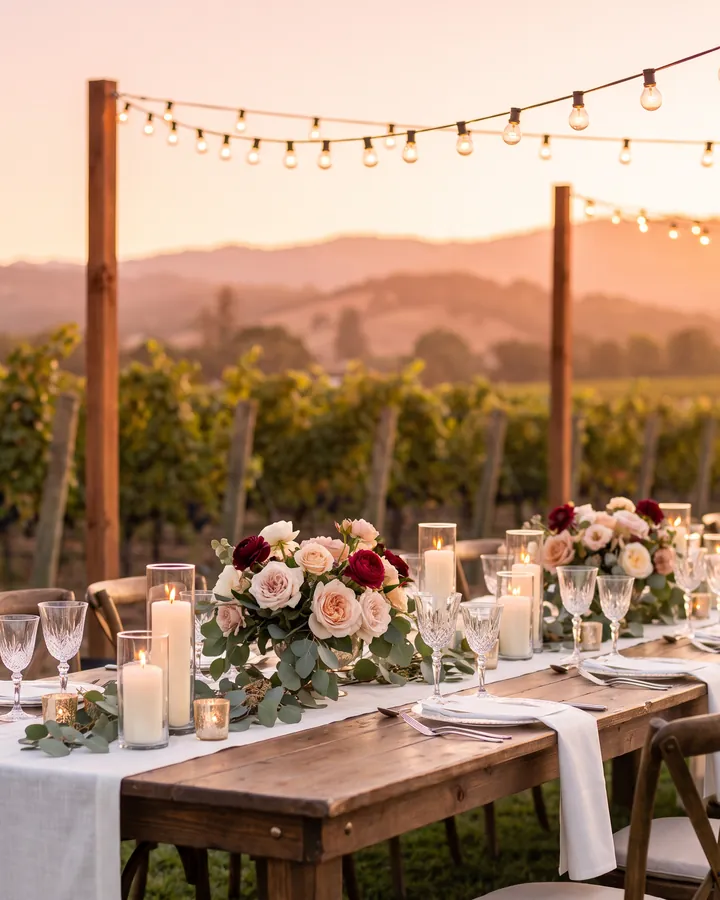 A long wooden dining table set with candles and roses under string lights at a vineyard at sunset