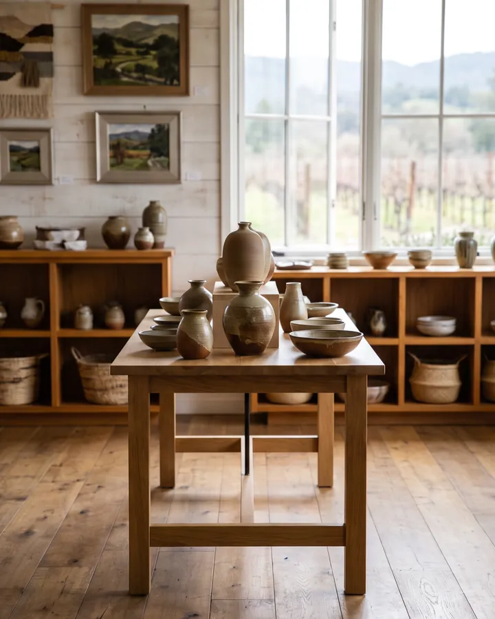 A sunlit artisan gallery with ceramics on a wooden table, landscape paintings and a vineyard view through large windows