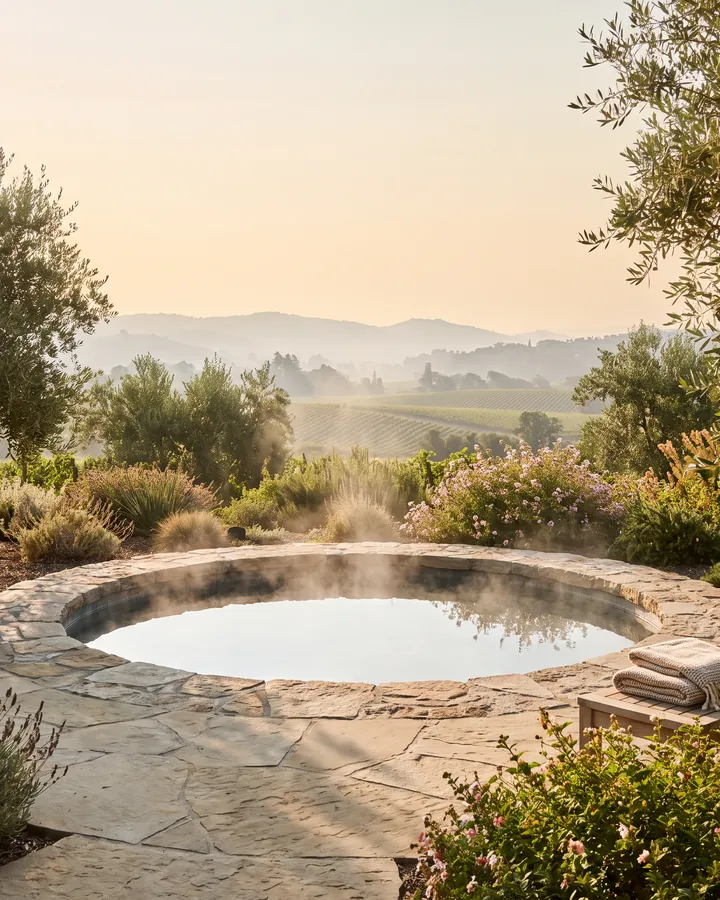 A steaming natural-stone soaking pool surrounded by olive trees and gardens, overlooking rolling vineyards