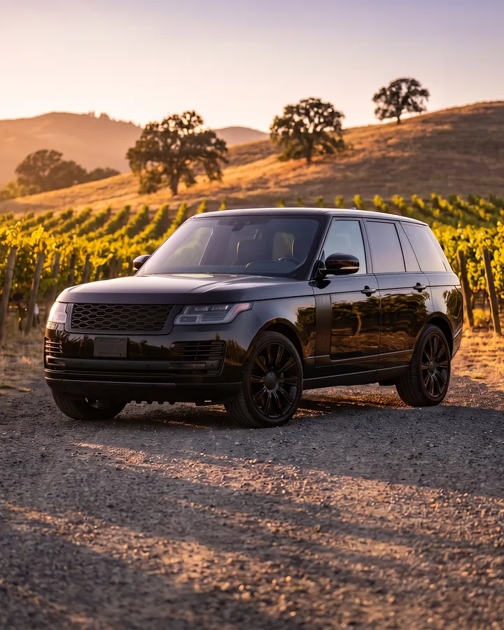 A black luxury SUV parked on a gravel driveway beside vineyard rows at golden hour