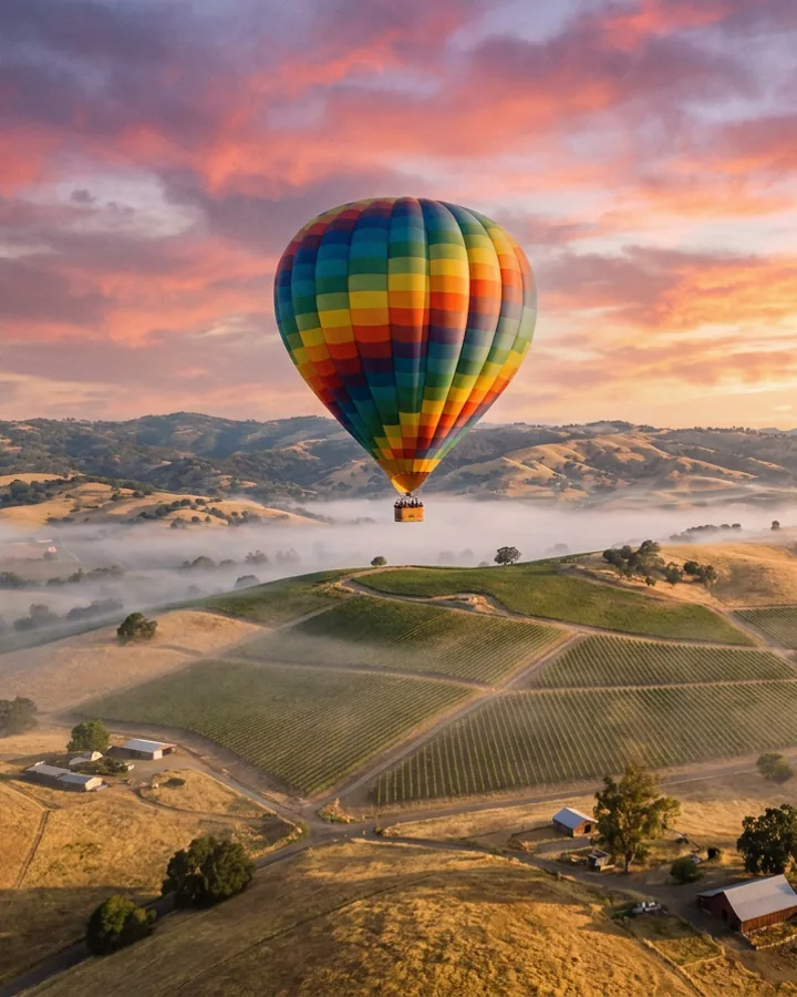 A hot-air balloon floating above misty vineyards and rolling hills at sunrise