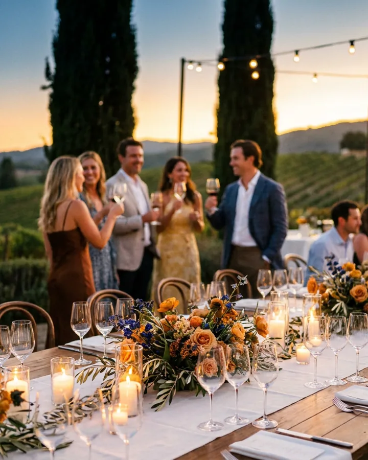 Guests gathered at a long candlelit dinner table on a vineyard terrace at dusk