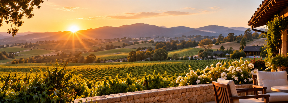 Vineyard rows bathed in warm golden-hour sunlight