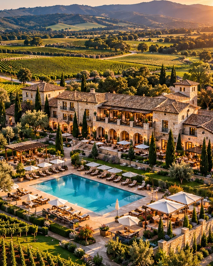 Aerial view of a luxury vineyard resort with a central pool, guest buildings and surrounding vineyards