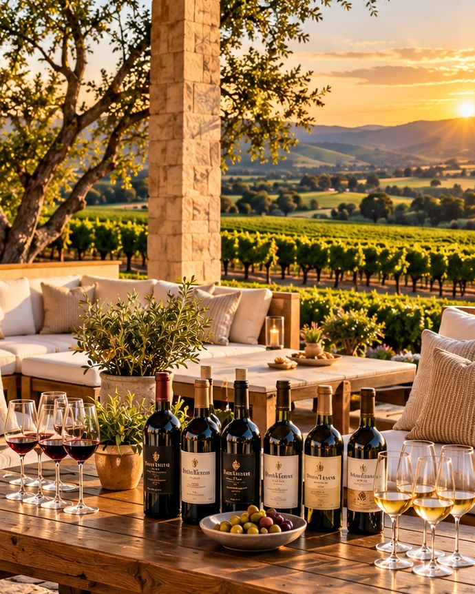 Outdoor wine-tasting terrace with bottles and glasses on a wooden table, cream lounge seating and vineyards beyond